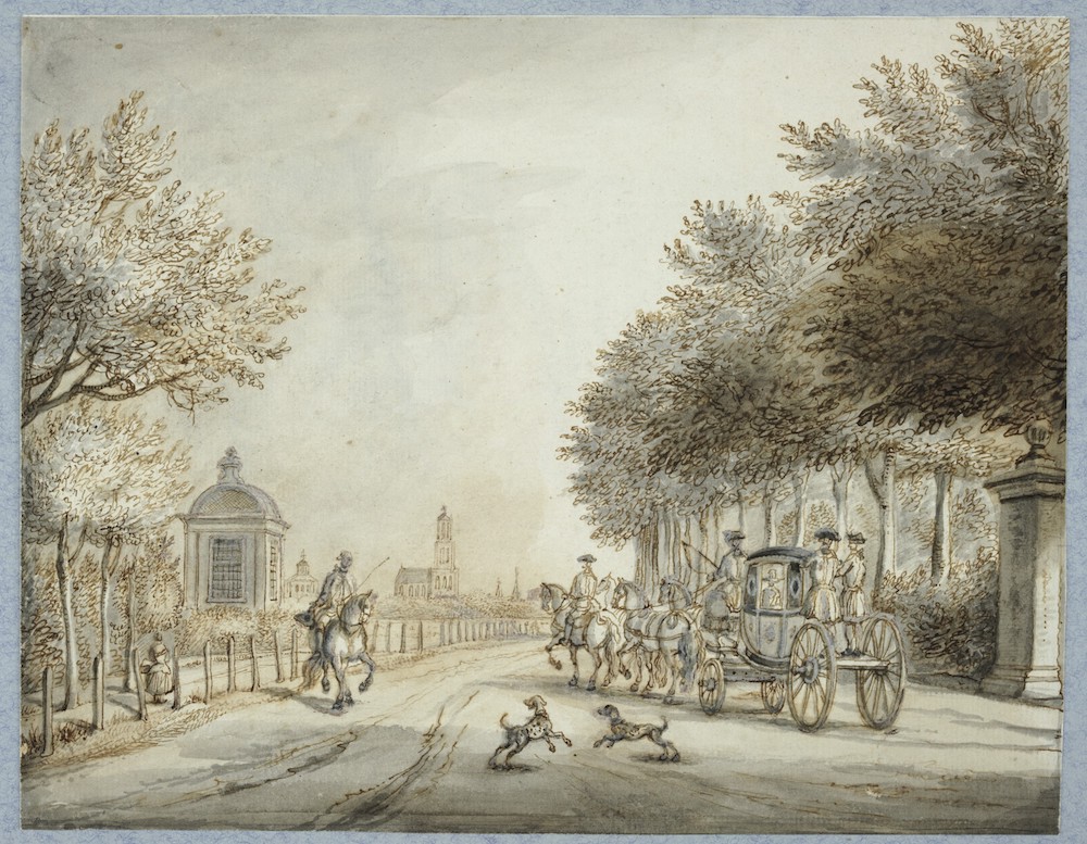 Blauwkapelseweg te Utrecht met op de voorgrond een door vier paarden getrokken koets 1780 HUA