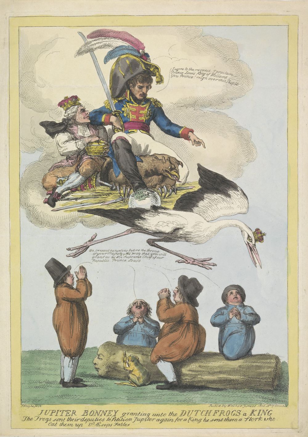 Napoleon stuurt Lodewijk Napoleon als koning in de vorm van een ooievaar naar kikkerland Holland Samuel Knight 1806