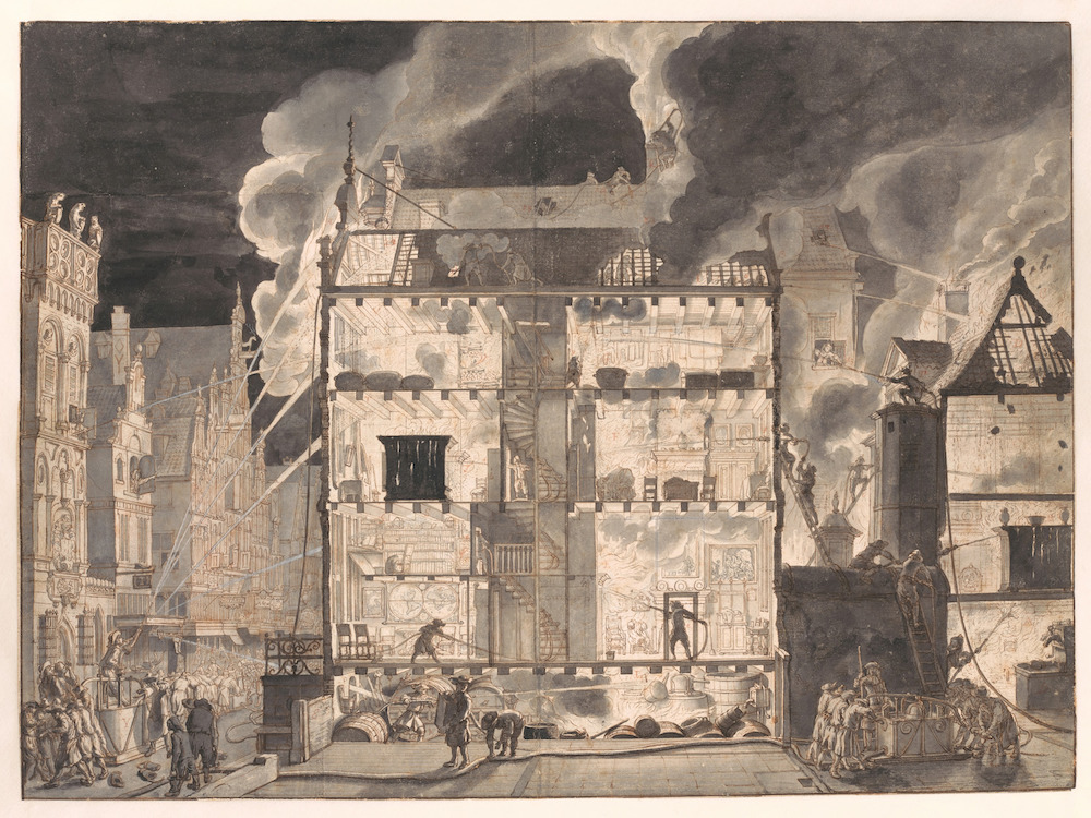 Dwarsdoorsnede brandend huis met spuitgasten Jan van der Heyden 1690 stadsarchief Amsterdam
