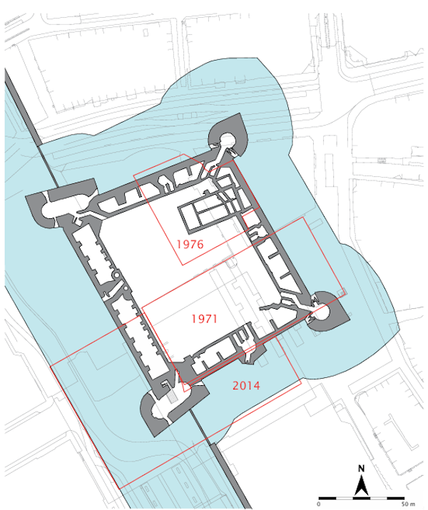 Plattegrond van kasteel Vredenburg met jaren van opgraving