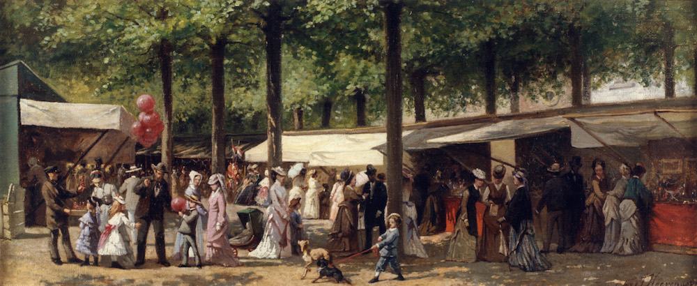 Het Janskerkhof te Utrecht met een aantal kramen en bezoekers tijdens een jaarmarkt Jozef Hoevenaar 1870 HUA