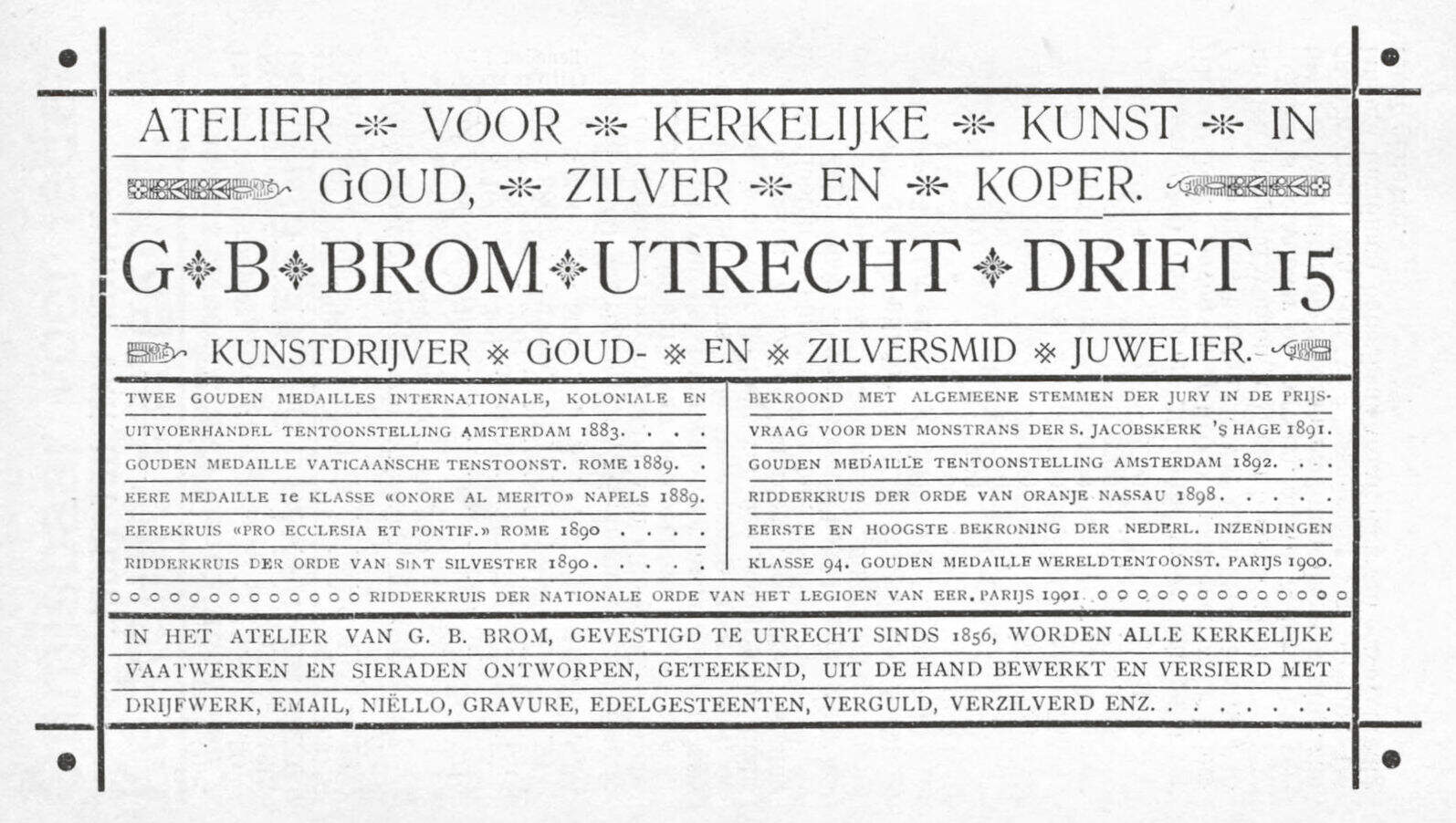Advertentie Atelier voor kerkelijke kunst GB Brom 1902