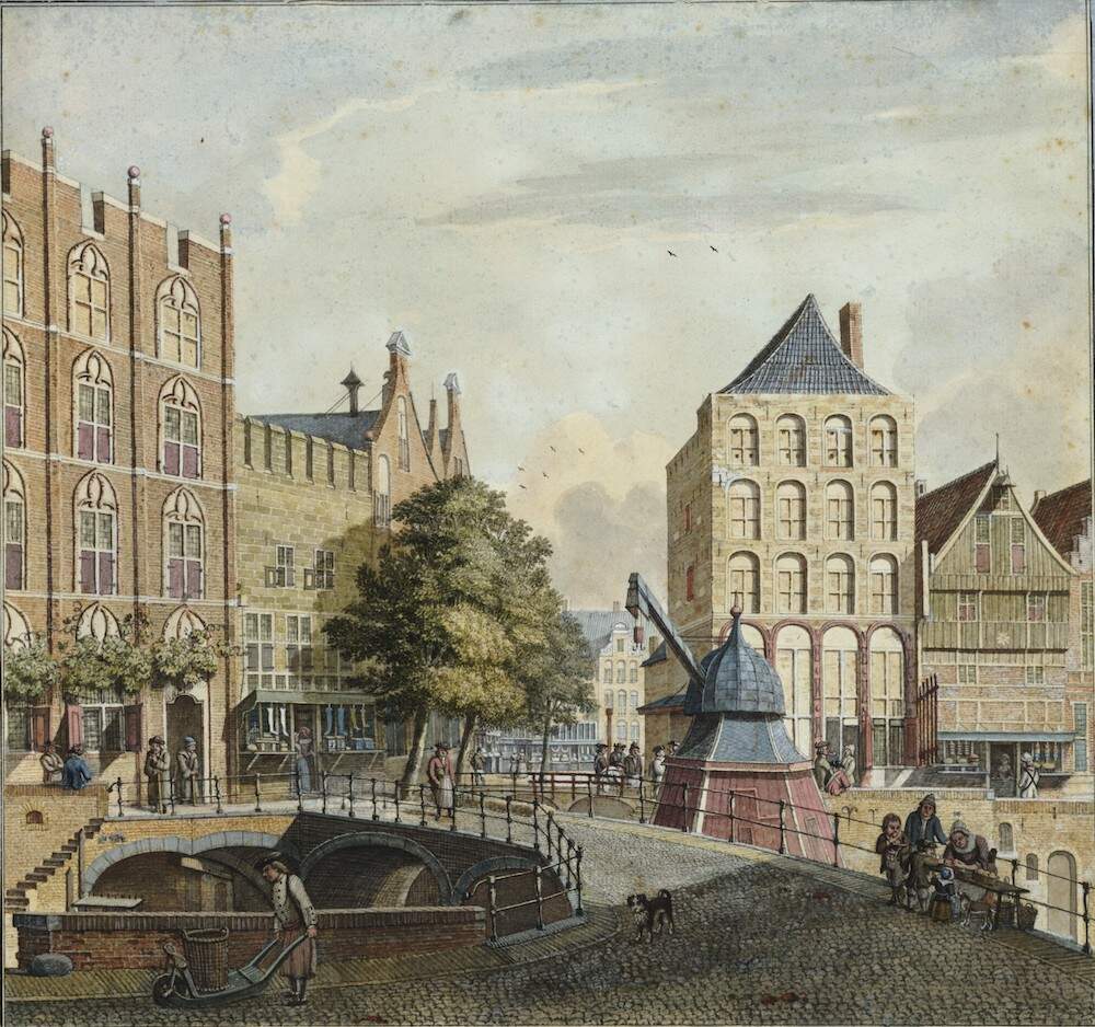 links de huizen Blijdestein Rutenberg en het Barbara en Laurensgasthuis aan de Ganzenmarkt en rechts de huizen Keijserrijk en De Ster aan de Stadhuisbrug