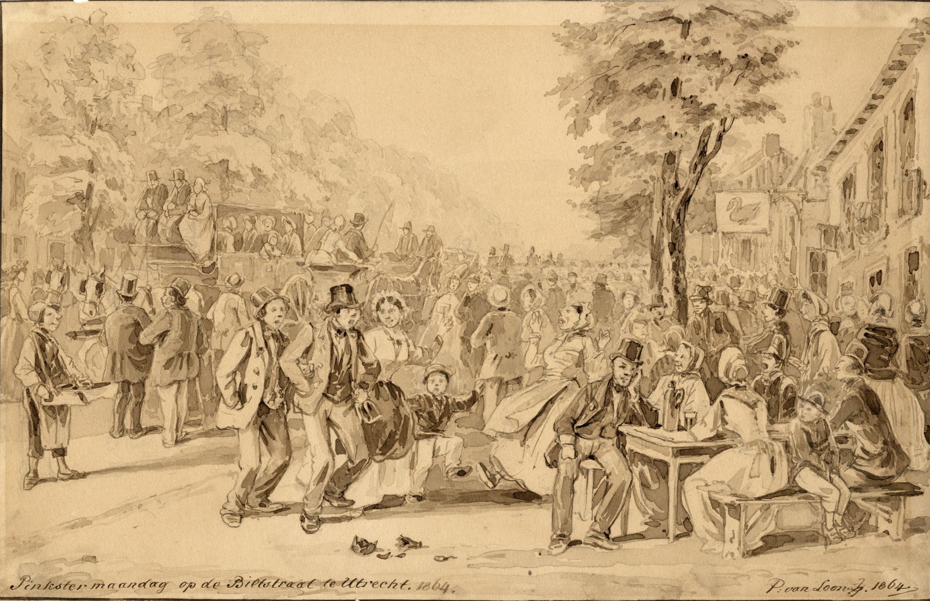Feestvierende menigte in de Biltstraat te Utrecht op Pinkstermaandag 1864 Pieter van Loon HUA
