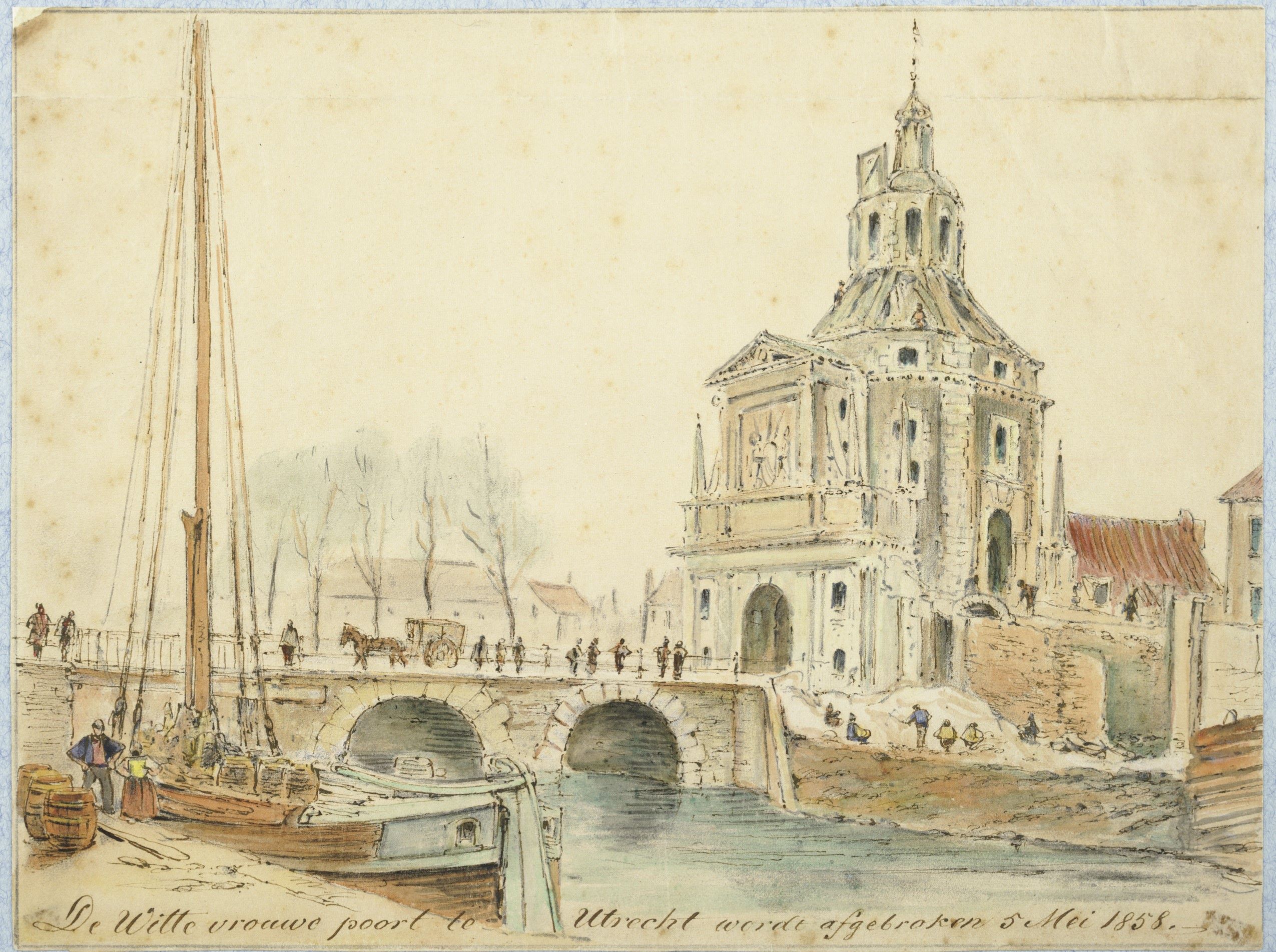 Wittevrouwenpoort en brug tijdens het slechten van het resterende deel van de stadsmuur kort vóór de afbraak van de poort HUA