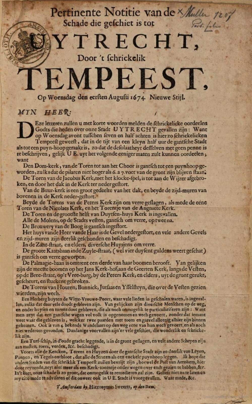 Pertinente notitie van t schrickelik tempeest door Hieronymus Sweerts