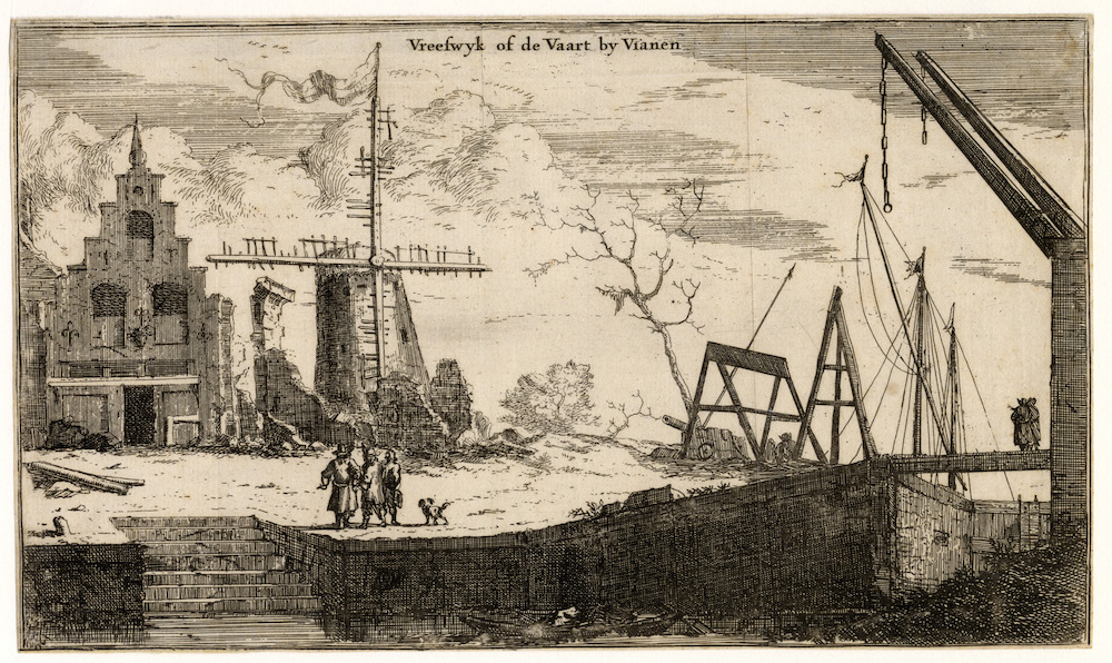 Gezicht in het dorp Vreeswijk na de plundering en brandstichting door de Fransen in 1672 uit t Ontroerde Nederlandt HUA