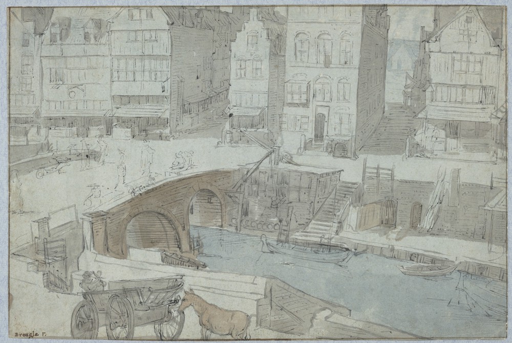 Westzijde van de Oudegracht te Utrecht met de Bakkerbrug en kleine kraan tekening in trant van Jan Breughel de Oude 1615