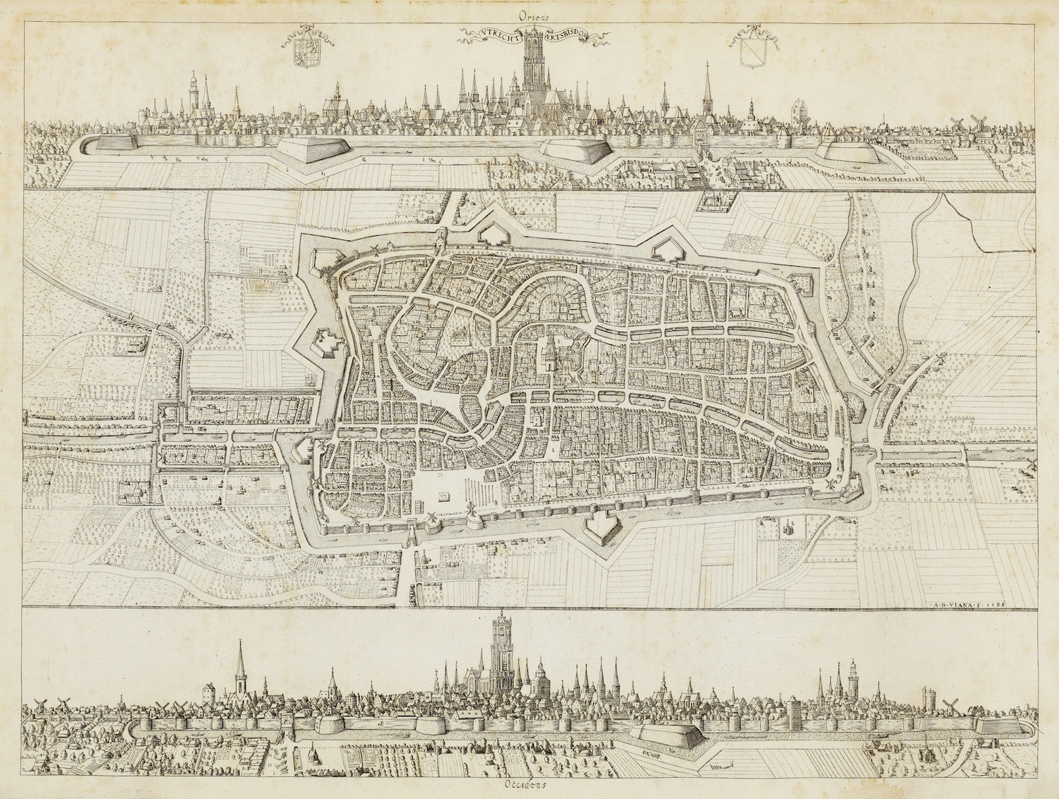 Plattegrond van de stad Utrecht met directe omgeving met twee profielen van de stad vanuit het oosten en westen Adam van Vianen 1598