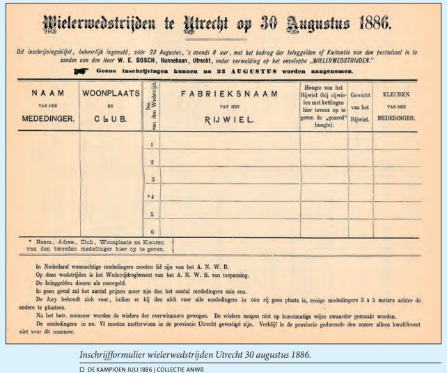 Inschrijvingbiljet wielerwedstrijden utrecht 30 augustus 1886