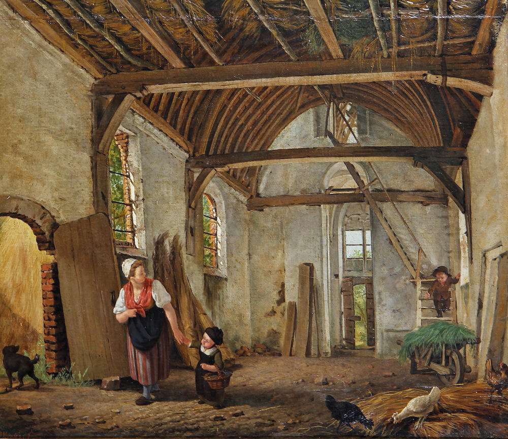 Interieur van de kapel bij Kasteel De Haar met een vrouw en twee kinderen inzending voor tentoonstelling PC Wonder 1809 part bezit